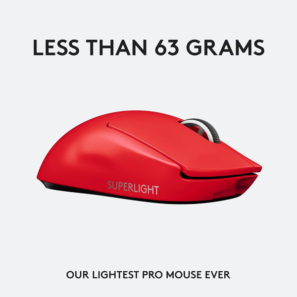 Logitech G PRO X SUPERLIGHT Wireless Gaming Mouse, HERO 25K Sensor, Ultra-light with 63g, 5 Programmable Buttons, 70 hours Battery Life, Zero Additive PTFE Feet, PC/Mac - EWR - Red