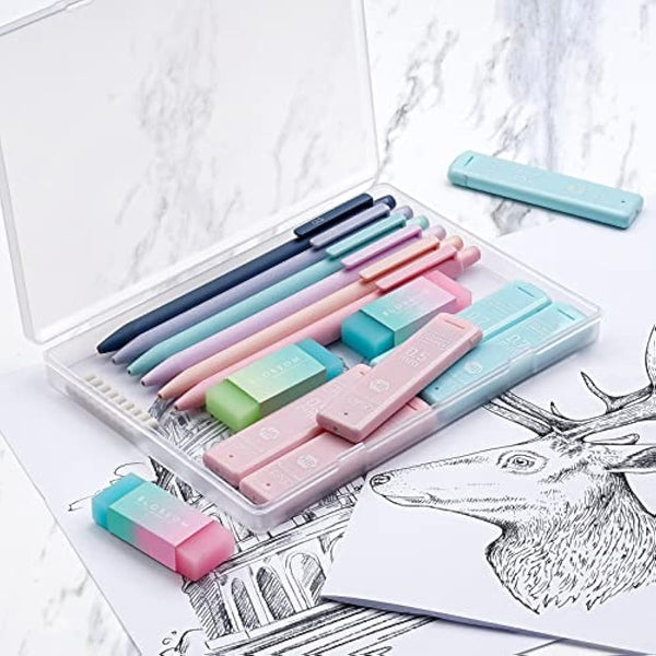 Four Candies Cute Mechanical Pencil Set, 6PCS Pastel Mechanical Pencils 0.5mm & 0.7mm with 360PCS HB Lead Refills, 12PCS Erasers, Aesthetic Stationery & School Supplies for Girls Writing