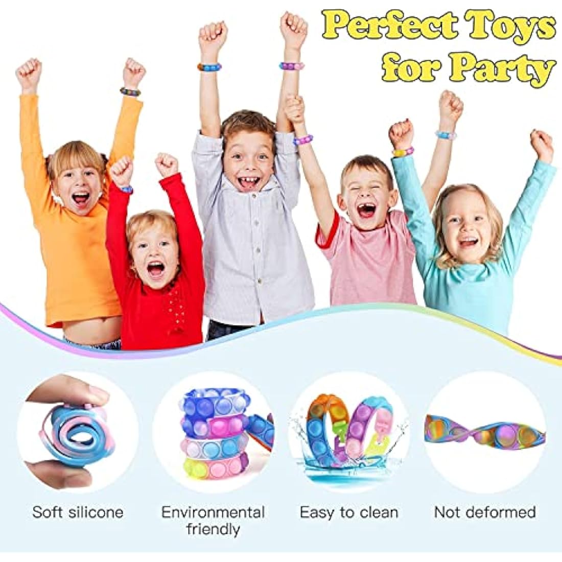 Amyang 90Pcs Pop Bracelet Fidget Toys,Bubble Bracelets,Stress Anxiety Relief Sensory Toys for Kids Adults ADHD ADD Autism,Classroom Exchange Gifts Party Favor Game Prizes