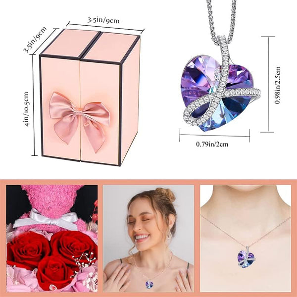 Firestyle Preserved Red Rose Moss Bear with Purple heart crystal necklace, Gifts for Women,Girlfriend,Wife,Mum,Gifts for her on Birthday, Anniversary,