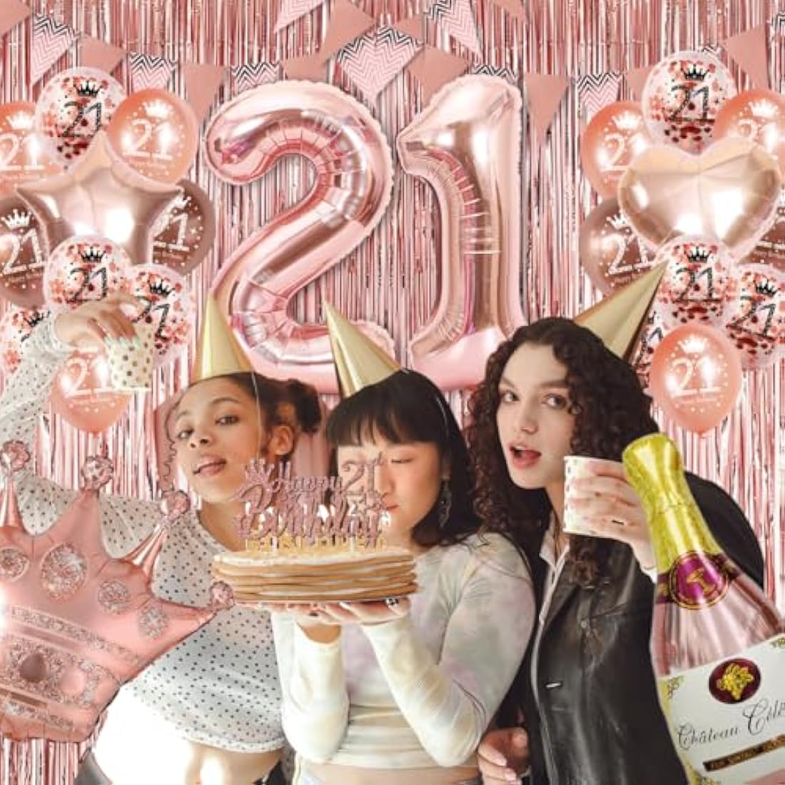 21st Birthday Decorations For Her, Rose Gold Birthday Decoration, Birthday Party Decorations Set With Rose Gold Balloons, Happy Birthday Banner, Champagne Balloon，Triangle Flag Banner