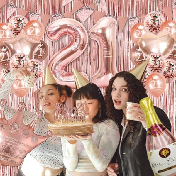 21st Birthday Decorations For Her, Rose Gold Birthday Decoration, Birthday Party Decorations Set With Rose Gold Balloons, Happy Birthday Banner, Champagne Balloon，Triangle Flag Banner