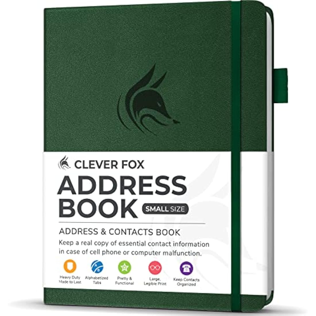Clever Fox Address Book with alphabetic tabs - PU Leather Telephone and Address Book for Keeping Contacts Safe, Contact Organizer Journal, Small Size (10.5 x 14cm), Hardcover, Forest Green