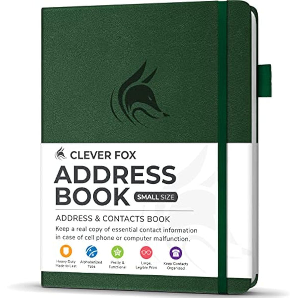 Clever Fox Address Book with alphabetic tabs - PU Leather Telephone and Address Book for Keeping Contacts Safe, Contact Organizer Journal, Small Size (10.5 x 14cm), Hardcover, Forest Green