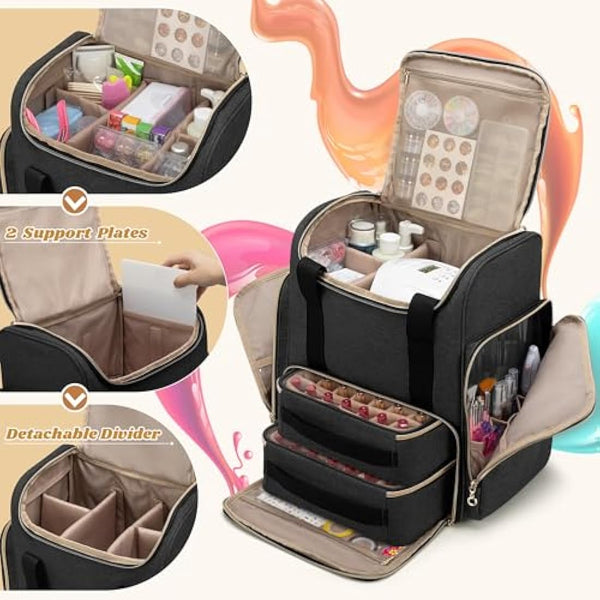 Luxja Nail Polish Organiser Backpack Holds 70 Bottles and a Nail Lamp, Nail Polish Bag with 2 Removable Cases and Tools Storage Pockets (Patented), Black