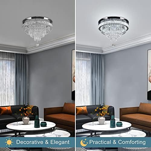 FRIXCHUR 19.7" Crystal Ceiling Light Living Room Modern Crystal Chandelier Bedroom LED Flush Mount Ceiling Light Fixture for Dining Room Kitchen Office (Cool White)