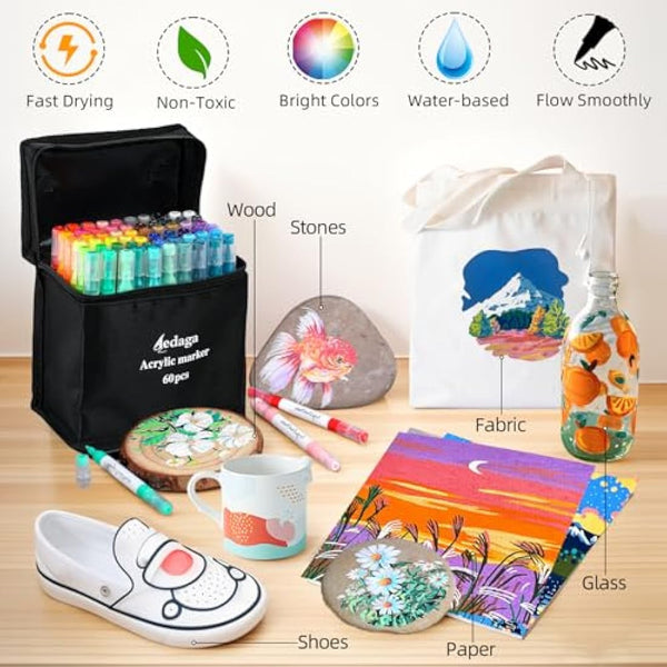 60 Colours Numbered Acrylic Paint Pens with Free App, Dual Tip Acrylic Paint Markers with Brush Tip and Fine Tip for Adults, Kids, Eggs, Wood, Rock, Canvas, Plastic, Stone, Glass, Ceramic