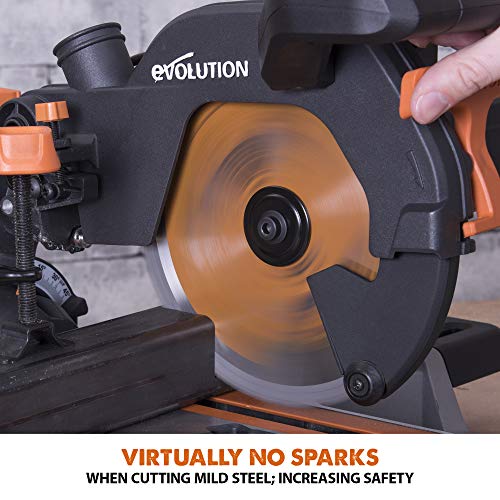 Evolution Power Tools R210SMS+ Sliding Mitre Saw With Multi-Material Cutting, Cuts Wood, Metal, Plastic & More, 45° Bevel, 50° Mitre, 230mm Slide, 1500 W (230 V)