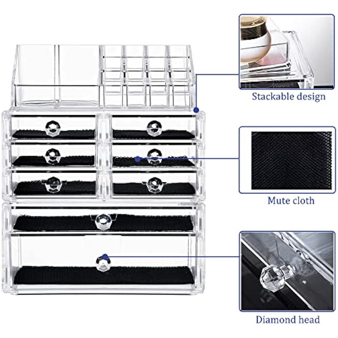 iPEGTOP Large Clear Acrylic Cosmetic Make up Organiser, 3 Tier Stackable 8 Drawers Makeup and Jewelry Storage Boxes Lipsticks Nail Polish Brushes Display Organizer for Bathroom Counter Dresser