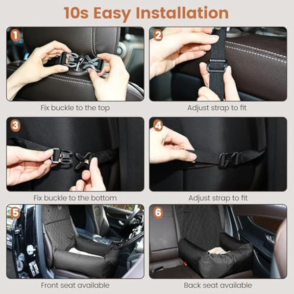 HAPPY HACHI Dog Bed Car Seat - Detachable Washable Dog booster Seat with Storage Pockets Safety Belts ，Waterproof Puppy Travel Carrier for Car (Black)