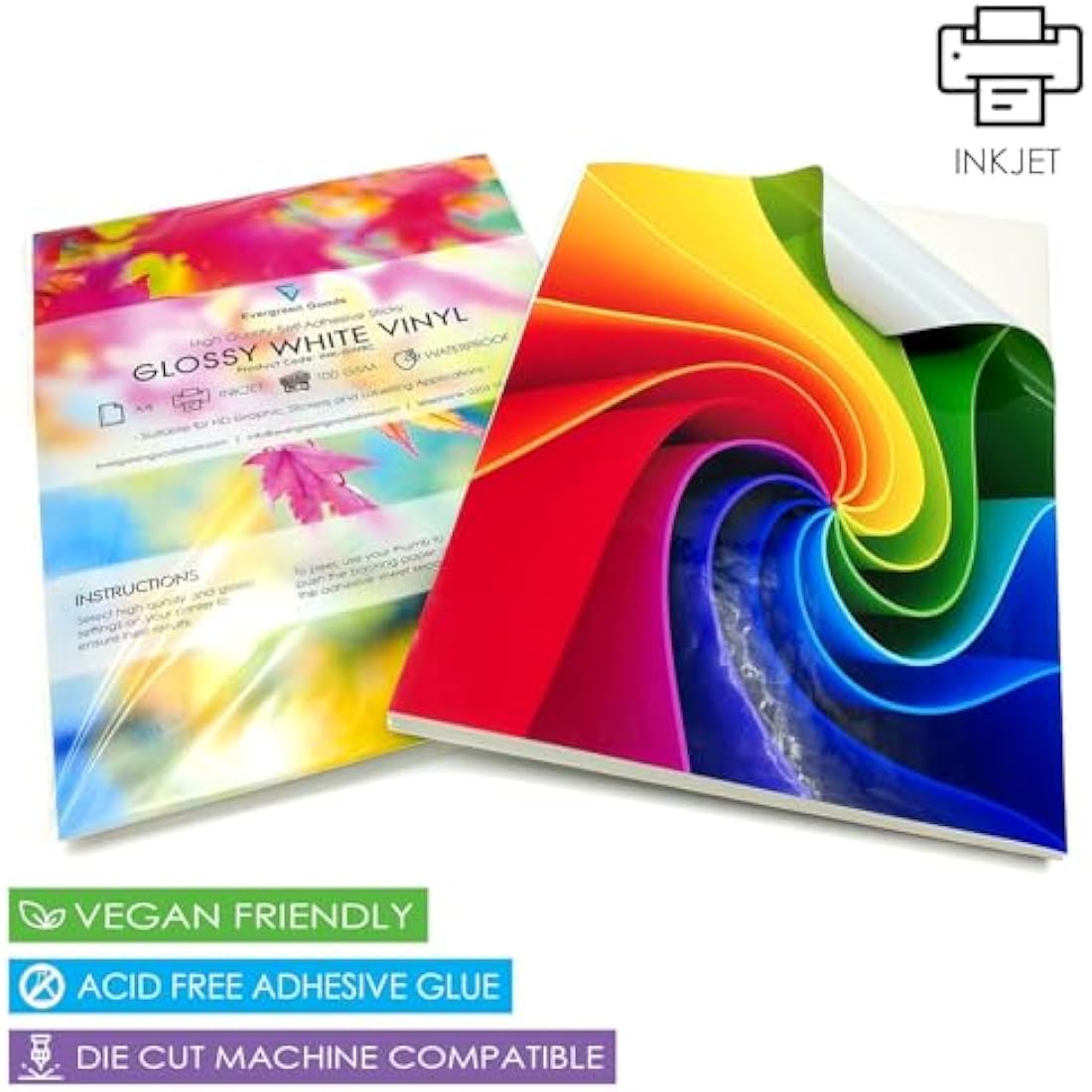 Evergreen Goods 100 Sheets A4 Waterproof Vinyl Sticker Paper, Self-Adhesive Glossy White PVC Sticker Sheets | Inkjet & Laser Printable, Perfect for Custom Labels, High-Resolution Stickers & DIY Crafts