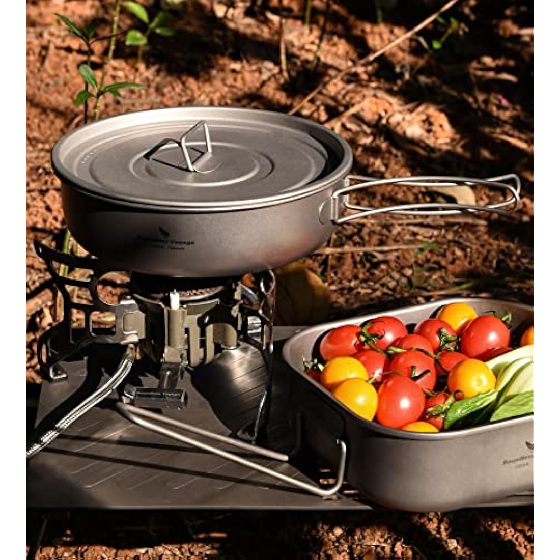 iBasingo 1000ml Titanium Frying Pan 19cm Camping Cookware with Lid & Folding handle Outdoor Lightweight Portable Griddle Hiking Skillet Dish Plate Bowl Kitchen Cooking Kit