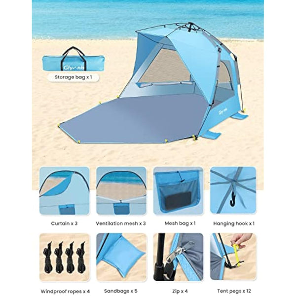 Glymnis Pop Up Beach Tent Large for 4-6 Person, Instant Pop Up Automatic Beach Tent UV Protection Sun Shelter, Easy Setup Umbrella Tent for Family Picnic