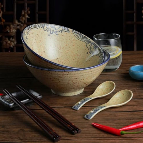 HLWDXno1 Ramen Bowl Set of 2 Ceramic Noodle Bowl with Chopsticks & Spoons 1200ml Large Soup Bowls Japanese Style Retro Porcelain Microwave Tableware Ramen Gift Set for Salad,Pho,Pasta,Udon, Fish