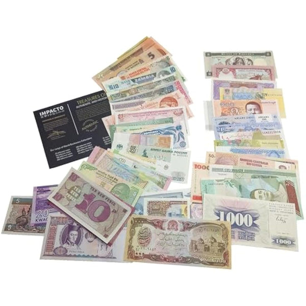 IMPACTO COLECCIONABLES World Currency Collection – 50 Uncirculated Banknotes from 50 Countries, No Duplications, with Certificate of Authenticity – Old Paper Money for Collectors, Schools, & Museums