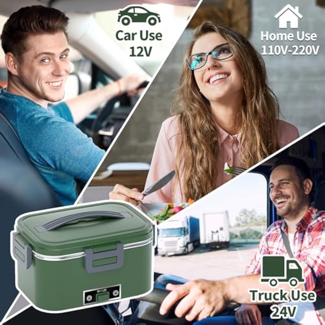 SOOOEC Electric Heated Lunch Box 100W - 3-in-1 1.8L Super Fast Portable Lunch Boxes Food Heater for Adults,12V/24V/110-220V Heating Lunch Box for Car Truck Office Home with Leak-Proof Compartment Lid
