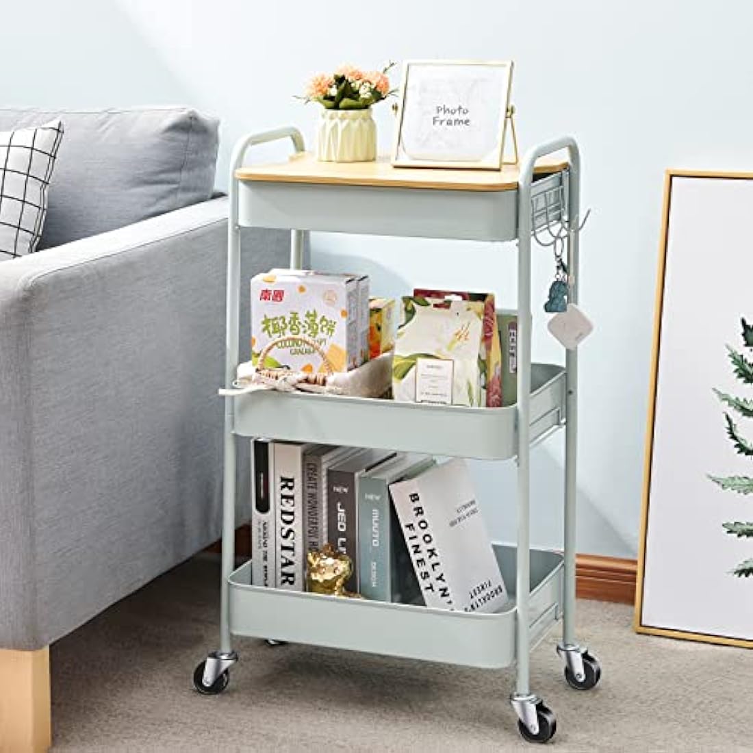KINGRACK 3 Tier Metal Storage Trolley on Wheels with Removeable Wooden Worktop Trap Table Cover, Beauty Book Craft Tea Art Trolley for Home Bathroom Kitchen Laundry, No screws needed Easy