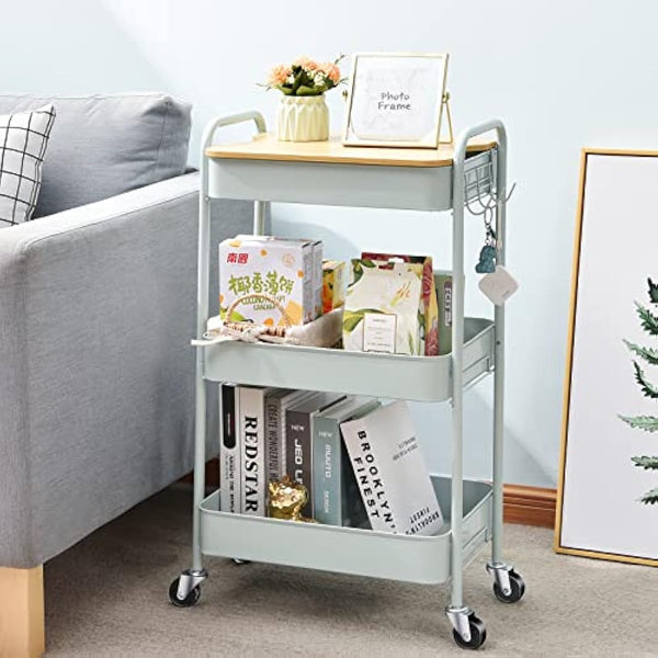 KINGRACK 3 Tier Metal Storage Trolley on Wheels with Removeable Wooden Worktop Trap Table Cover, Beauty Book Craft Tea Art Trolley for Home Bathroom Kitchen Laundry, No screws needed Easy