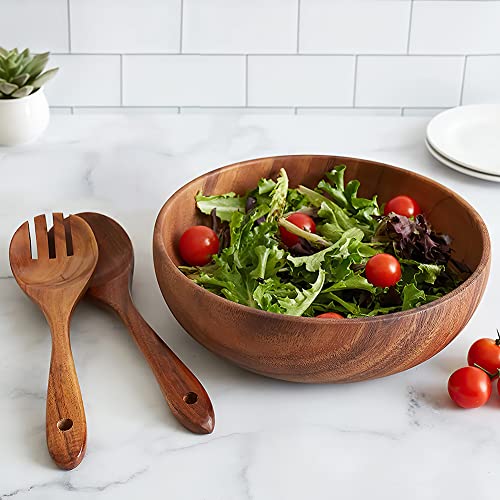 AOOSY Acacia Wooden Salad Bowl and Servers Set,9.5Inchs Solid Wood Saving Bowl with Acacia Wood Spoons Set Salad Mixing Dinner Fork and Spoon Kitchen