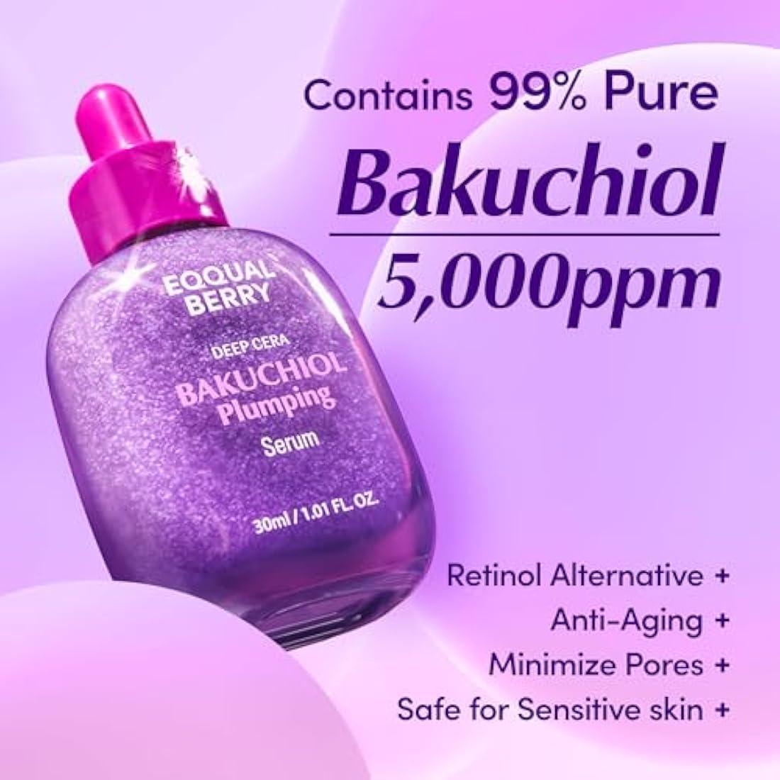 EQQUALBERRY Bakuchiol Plumping Serum - Pore and Wrinkle Minimiser | Retinol Alternative for Sensitive Skin | Improves Strength and Elasticity with Ceramide, 30 ml