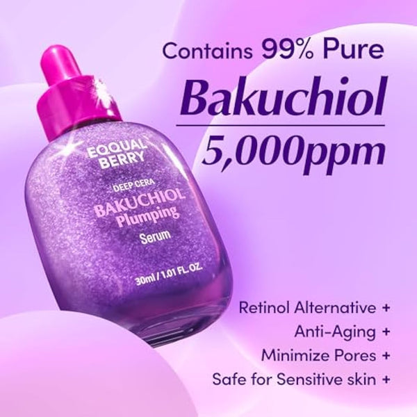 EQQUALBERRY Bakuchiol Plumping Serum - Pore and Wrinkle Minimiser | Retinol Alternative for Sensitive Skin | Improves Strength and Elasticity with Ceramide, 30 ml