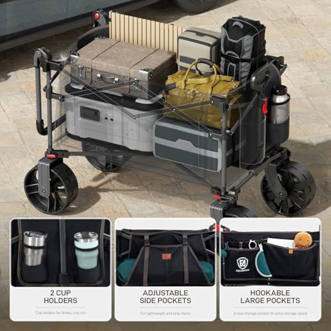 EVER ADVANCED 225L Festival Trolley on Wheels with Removable Canopy, 150KG Heavy Duty Camping Trolley, Push & Pull Beach Cart with 3 Large Pockets, Garden Folding wagon Fishing