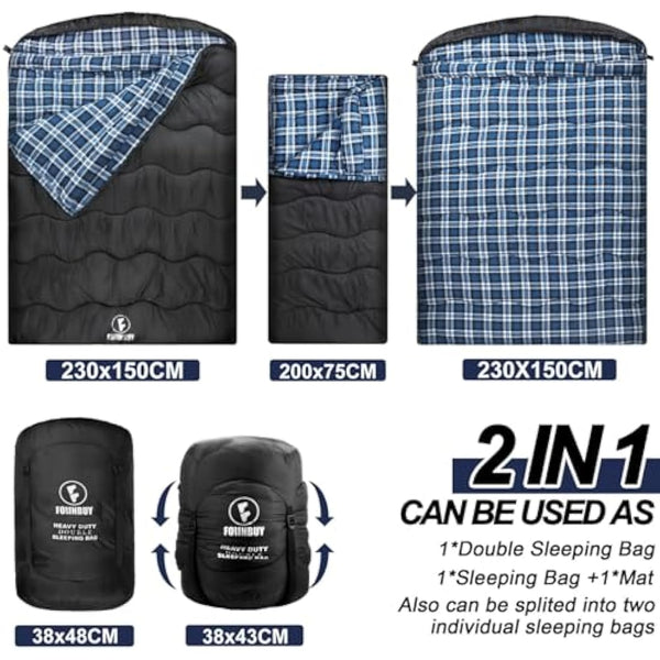 FORINBUY Winter Cotton Flannel Double Sleeping Bag for Adults - 0 degree Queen Size 2 Person Sleeping Bag, Waterproof & Warm for Cold Weather, Ideal for Couples, Family Camping & RV Travel