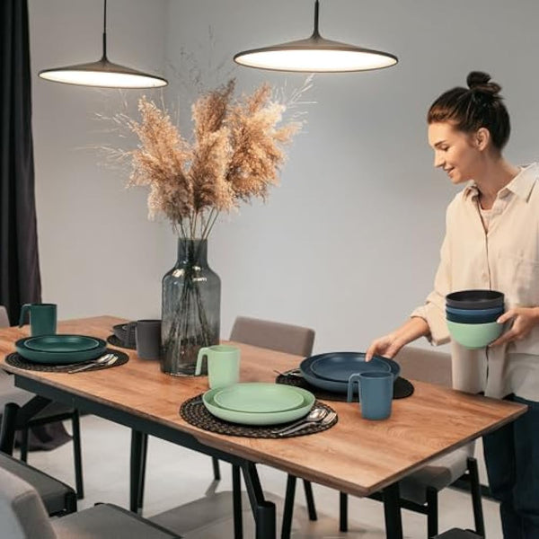 Greentainer Unbreakable Plastic Dinnerware Set, Lightweight Tableware with 4 Dinning Plates, 4 Dessert Plates, 4 Bowls, 4 Cups Kids & Adults, Service for 4, Dishwasher&Microwave Safe,16 Pcs