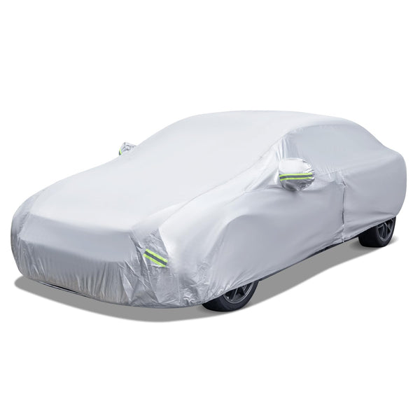 COSTWAY Car Cover Waterproof, Universal Full Car Cover with Zipper Door, Reflective Strips & Storage Bag, All Weather Windproof Snowproof UV Protection (Fit Sedan, Length Up to 190”(482cm))