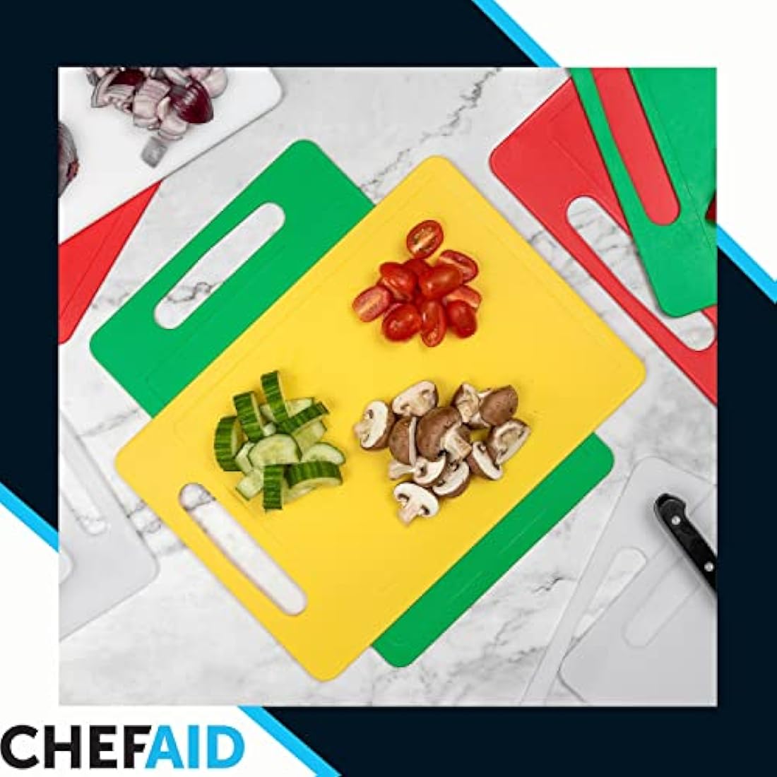 Chef Aid Large Multi-Colour Chopping Board Set, Multipurpose Anti-Slip Surface, Easy to Clean and Dishwasher Safe with Handle, Pack of 4 Cutting Boards Each Measuring 40 x 30cm