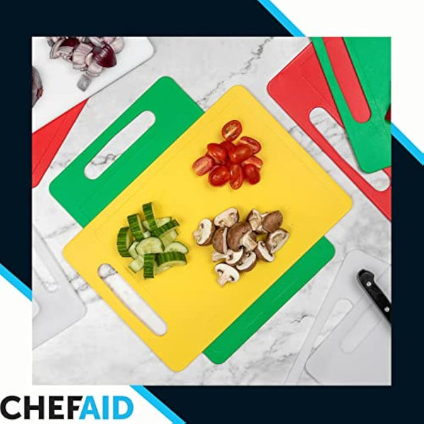 Chef Aid Large Multi-Colour Chopping Board Set, Multipurpose Anti-Slip Surface, Easy to Clean and Dishwasher Safe with Handle, Pack of 4 Cutting Boards Each Measuring 40 x 30cm
