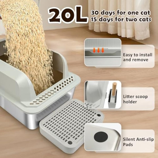 Vivifying Extra Large Grey Stainless Steel Cat Litter Box, Easy to Clean and Odour-Resistant Metal Cat Litter Tray with Lid, Leak-Proof, 55 x 35 x 30 cm