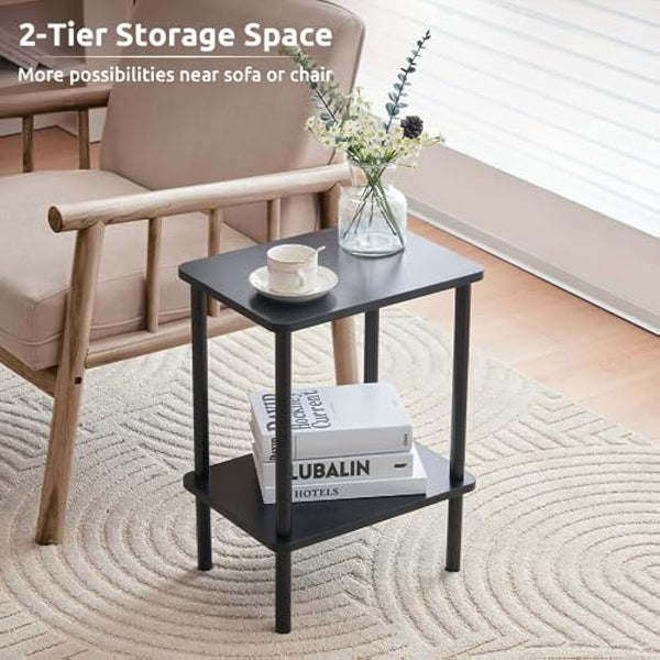 APICIZON 2 Tier Side Table, Narrow End Table with Storage Shelf, Bedside Table Nightstand for Small Spaces, Bedroom, Living Room, Entryway, Farmhouse, No-Tool Assembly, Black