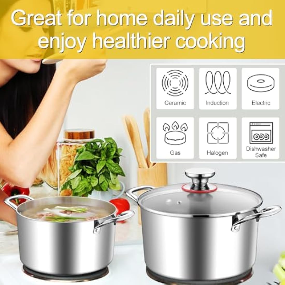 HaWare 5.8L Stock Pot, Tri-Ply Stainless Steel Soup Pot with Visible Lid, 24cm Cooking Induction Stockpot for Pasta/Meat/Soup, Suit for All Kitchen Stove Top, Healthy & Non Toxic, Easy Clean