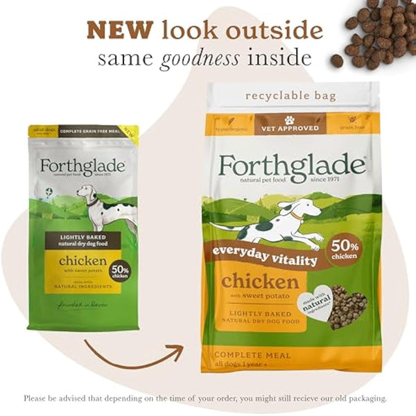 Forthglade Dry Dog Food, Lightly Baked, (6kg Resealable Bag), Adult Dogs, Chicken with Sweet Potato, Grain Free Dog Food with 50% Single Source Protein, Complete & Balanced Hypoallergenic Dog Food