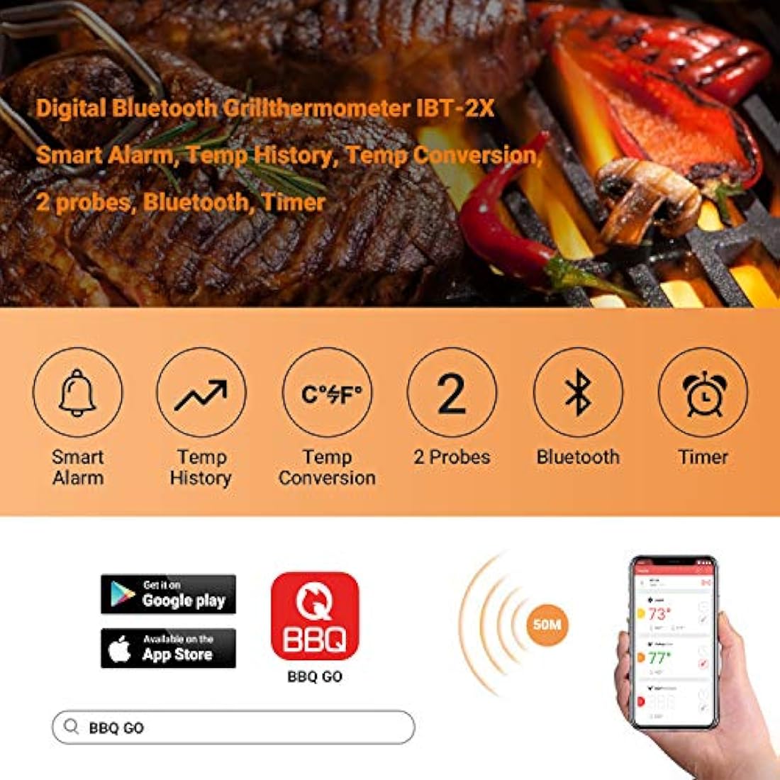 INKBIRD IBT-2X Bluetooth Cooking Thermometer Wireless Barbecue BBQ Grill Monitor Steel Probe Temperature Alarm Portable Android & iOs for Oven Meat Smoker