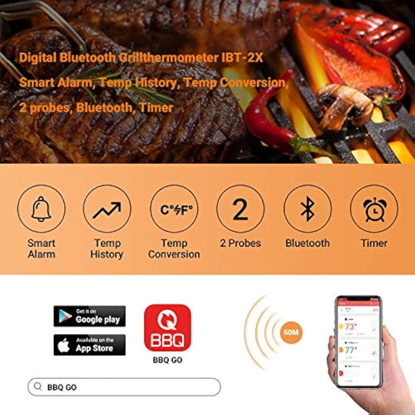 INKBIRD IBT-2X Bluetooth Cooking Thermometer Wireless Barbecue BBQ Grill Monitor Steel Probe Temperature Alarm Portable Android & iOs for Oven Meat Smoker