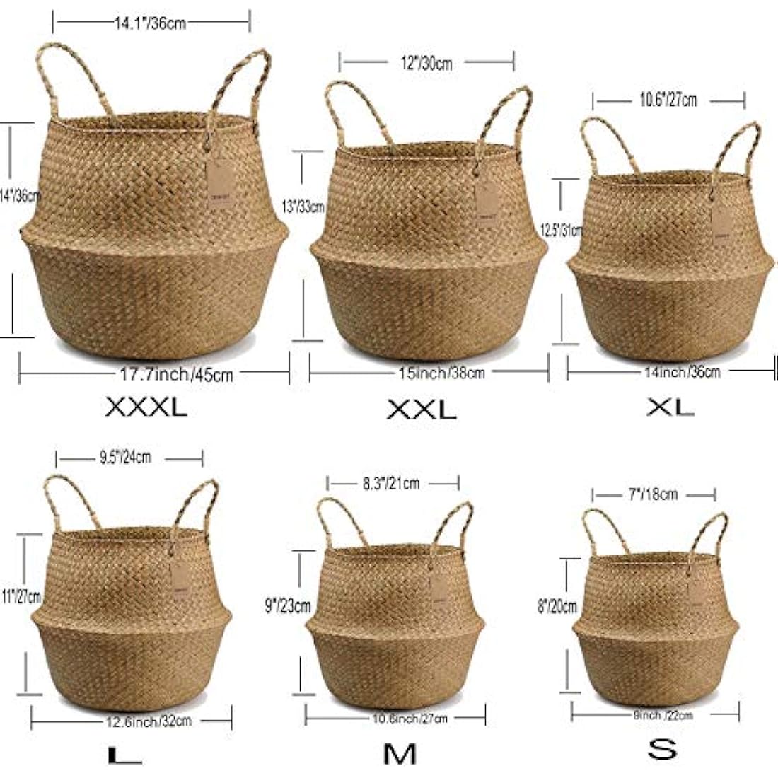 DOKOT Natural Seagrass Belly Basket Laundry Basket Large Storage Basket Indoor Plants