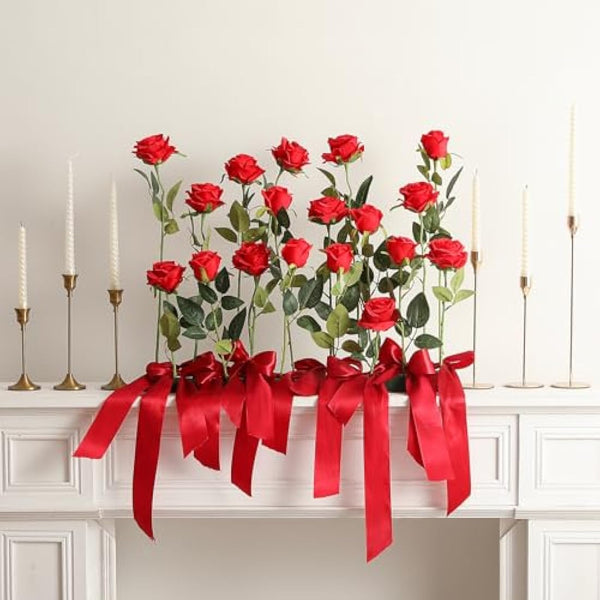 Hawesome 12PCS Artificial Roses Fake Flowers Single Long Stem Blooms with Rose Buds Wedding Decoration Bridal Bouquet Decorative Flower Arrangement Home Decoration Party Centerpieces in Red