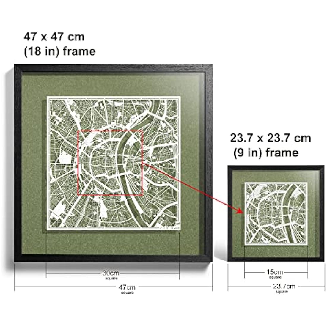 O3 DESIGN STUDIO Cologne Marco de Papel para mapas, White map, Black frame, 9x9 inches, Gift Boxed, 4 background color, self-changing, Paper Art