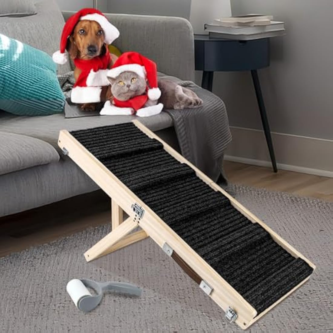 Umtiti Wooden Folding Portable Pet Ramp. 4 Levels Adjustable 9" to 17.3" with Non-Slip 5 Paw Traction Mat for Small Medium Doggie.Dog Ramps-BK,UK