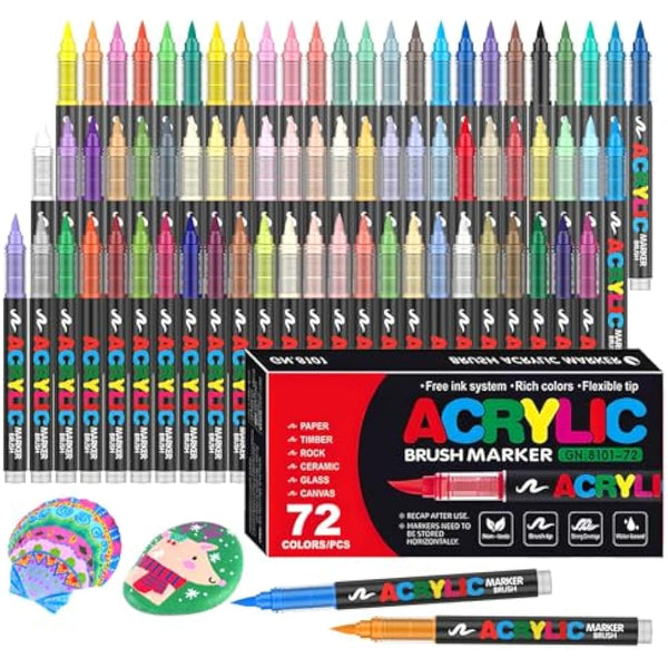 Efimeso 72 Colours Acrylic Paint Pens,Water-Based Brush Markers Paint Pens Acrylic Markers for Rock Painting, Canvas, Wood, Stone, Ceramic, Glass, Fabric