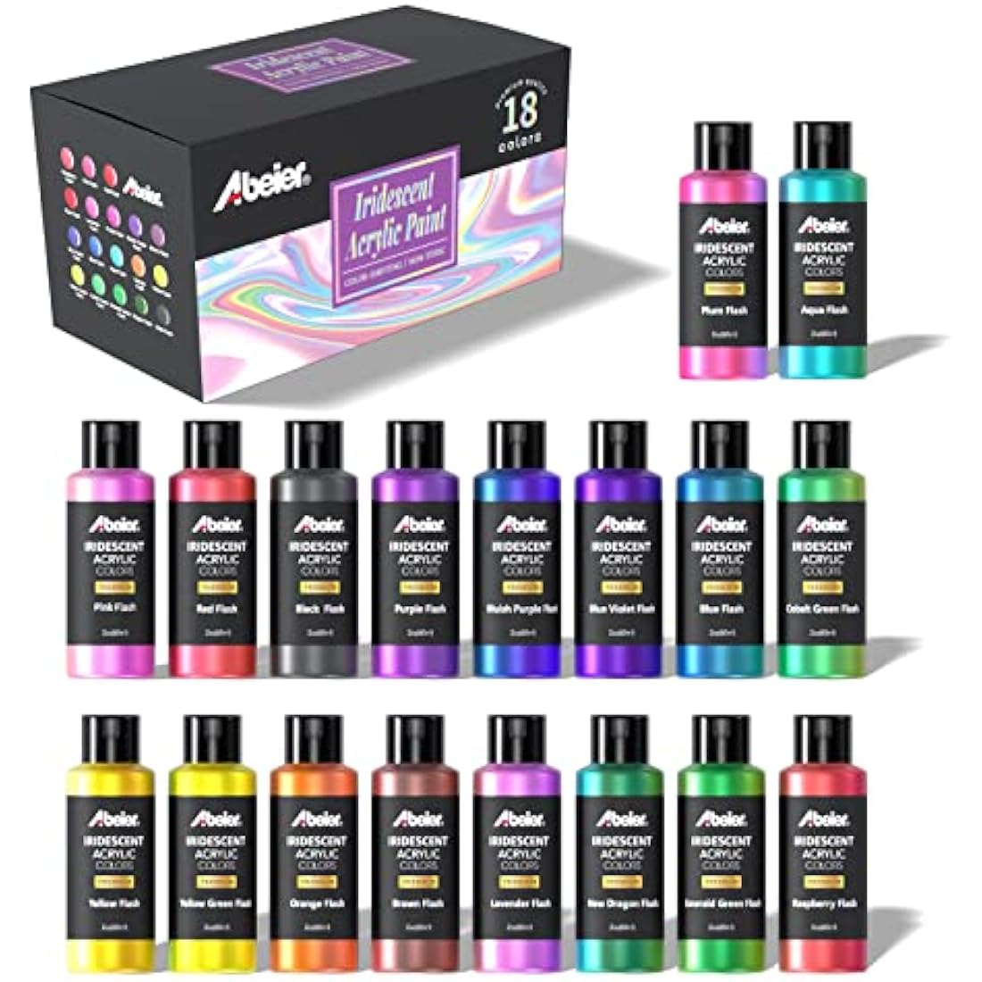 ABEIER Iridescent Acrylic Paint, Set of 18 Chameleon Colours, 2 oz/60ml Bottles, Colour Shifting, Non-Toxic, High Viscosity, Blendable, Paints on Rocks Crafts Canvas Wood, Fabric, Ceramic & Stone