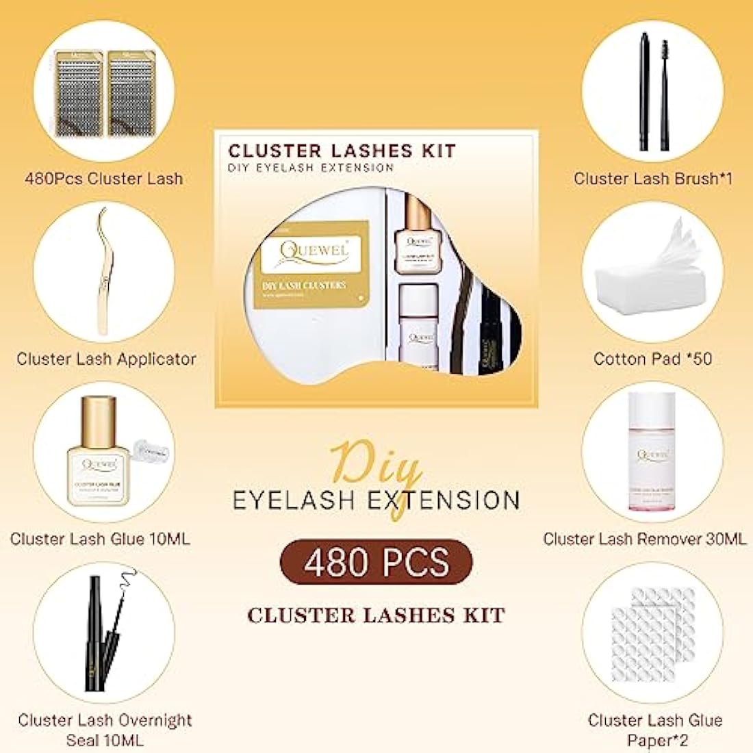 Individual Lashes 480 Cluster Lashes QUEWEL DIY Lash Extensions Kit, Eyelashes Applicator, Lash Cluster Glue Remover, Long-lasting Lash Glue and Overnightseal for Beginner to Apply(Natural D MIX)
