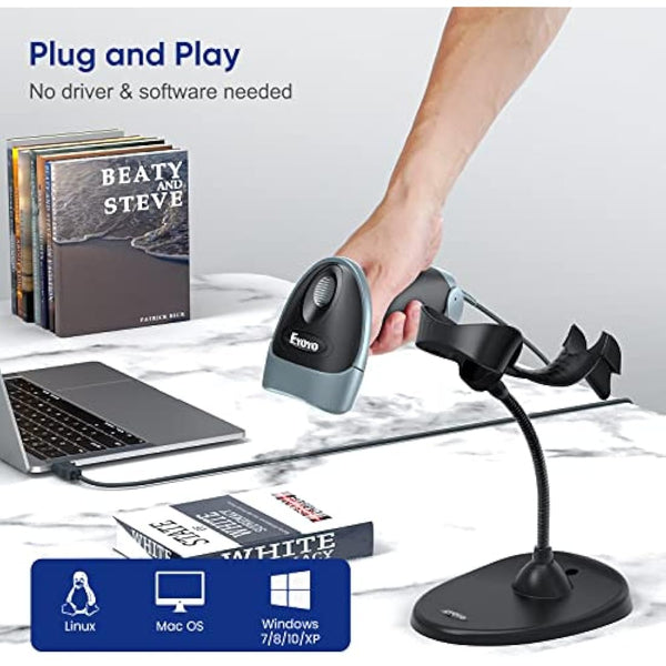 Eyoyo Handheld 2D Barcode Scanner with Gooseneck Stand, Automatic USB Wired QR Code Scanner Bar Code Reader Support Screen Scanning for PC POS System Library Store Supermarket Check-Out, Inventory…