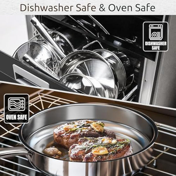 14-Piece Stainless Steel Pots and Pans Set, Induction Saucepan Set, Saucepan with Steamer & Glass Lids & Utensil Set, Bread Clip, Egg Beaters, Hot Pads, Spatulas, Suitable for All Stoves