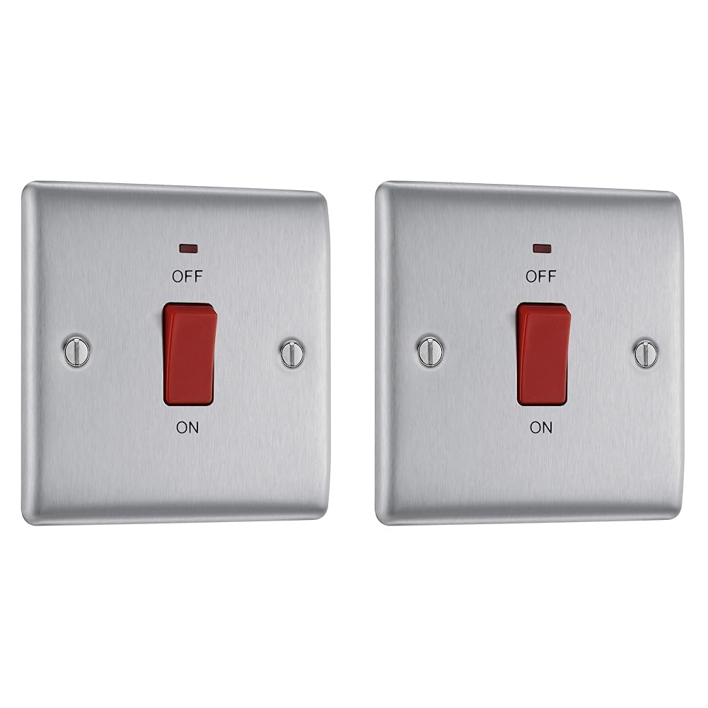 BG Electrical Cooker Switch with Socket and LED, Cooker Control Unit, Control Socket, Double Pole, Raised Profile, Round Edges, Nexus Metal, Brushed Steel, Grey Inserts, 45A, NBS70G