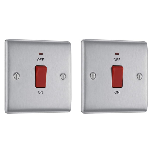 BG Electrical Cooker Switch with Socket and LED, Cooker Control Unit, Control Socket, Double Pole, Raised Profile, Round Edges, Nexus Metal, Brushed Steel, Grey Inserts, 45A, NBS70G