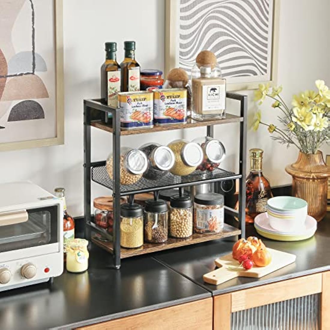 IBUYKE 3-Tier Spice Rack - Industrial Counter Shelf,Desktop Storage Organizer,Standing Seasoning Rack for Countertop Kitchen,Office,Living Room,Rustic Brown TLJ021H