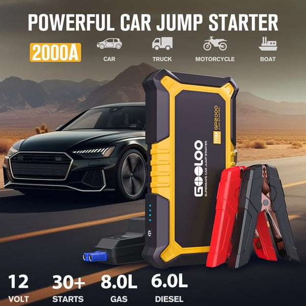 GOOLOO New GP2000 Jump Starter 2000A Car Starter Battery Pack (Up to 8.0L Gas, 6.0L Diesel Engine),12V Car Battery Charger Jumper Starter, Portable Lithium Jump Box with USB Quick Charge